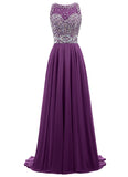 Sheer Neck Rhinestones Chiffon Long Prom Dresses / Evening Gowns with Lace-up Keyhole Back