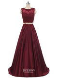 Sheer Neck Two-Piece Satin Lace Appliqued Long Prom Dresses