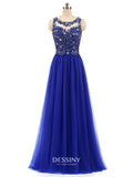 High Neck Tulle Long Prom Dresses with Beads & Lace Appliques