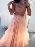 A-Line/Princess Sleeveless High Neck Tulle Beading Long Two-Piece Prom Dresses