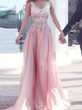 A-Line/Princess V-Neck Sleeveless Long Appliqued Chiffon Prom Dresses