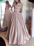 Off-the-Shoulder Beaded Satin Evening Prom Dresses With Pocket