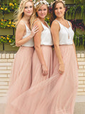 A-Line/Princess V-neck Sleeveless Floor-Length With Ruffles Tulle Bridesmaid Dresses