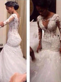 Trumpet/Mermaid V-neck Long Sleeves Tulle Long Wedding Dresses with Lace