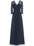 A-Line/Princess V-Neck Long Sleeves Chiffon Long Mother of the Bride Dresses with Lace