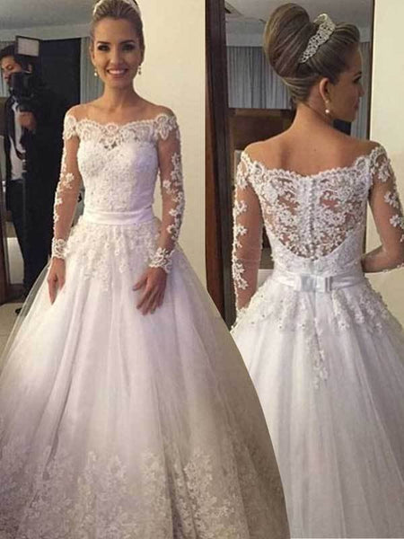 Ball Gown Sleeveless Off-the-Shoulder Court Train Tulle Lace Prom Dresses