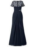 A-Line/Princess Scoop Short Sleeves Chiffon Long Mother of the Bride Dresses with Illusion