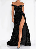 Sheath/Column Off-the-Shoulder Sweep Train Sequined Prom Dress/Evening Dress With Split Front