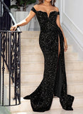 Sheath/Column Off-the-Shoulder Sweep Train Sequined Prom Dress/Evening Dress With Split Front