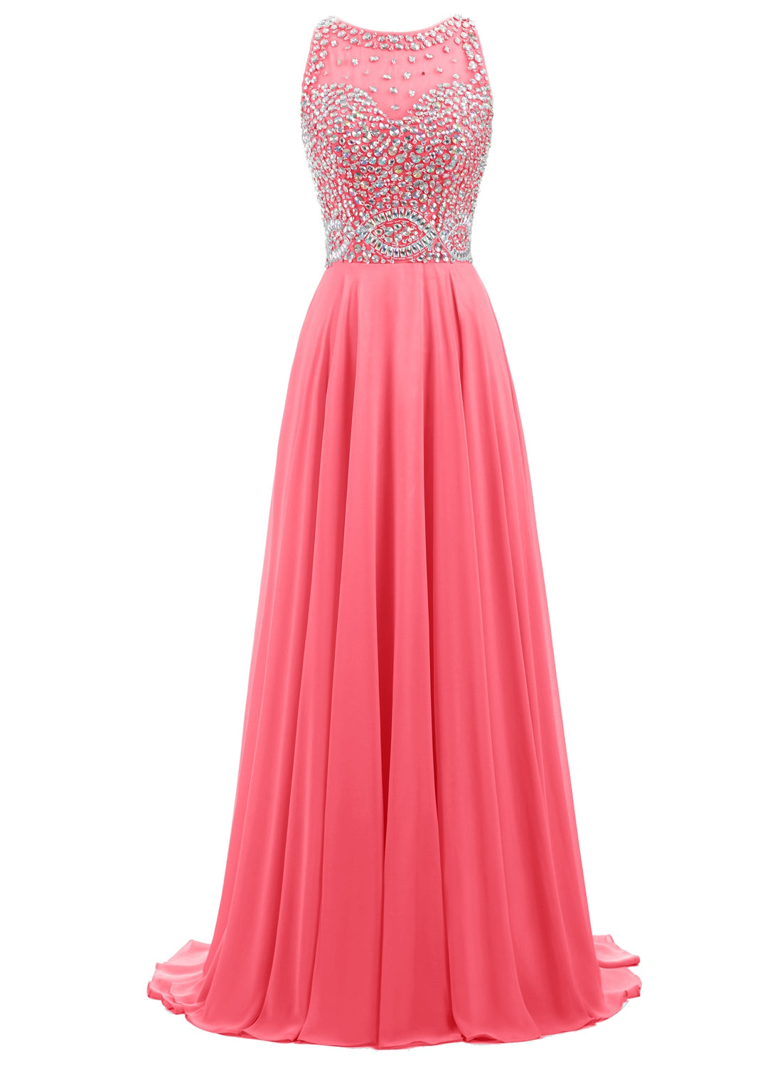Sheer Neck Rhinestones Chiffon Long Prom Dresses / Evening Gowns with Lace-up Keyhole Back