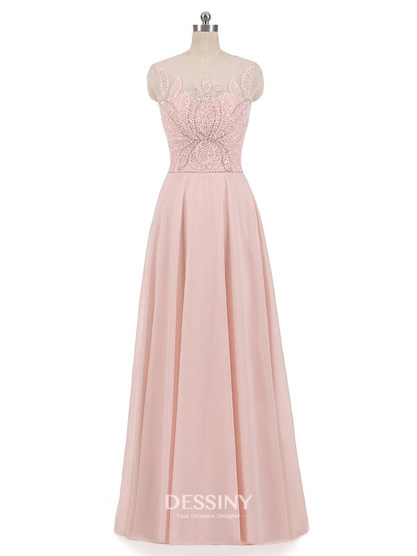 Sheer Neck Chiffon Beaded Long Prom Dresses with Lace-up Back