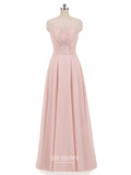 Sheer Neck Chiffon Beaded Long Prom Dresses with Lace-up Back