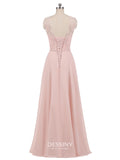 Sheer Neck Chiffon Beaded Long Prom Dresses with Lace-up Back