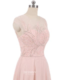 Sheer Neck Chiffon Beaded Long Prom Dresses with Lace-up Back