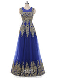 Sheer Neck Embroidery Tulle Long Prom Dresses with Lace Appliques