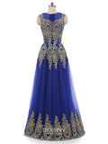 Sheer Neck Embroidery Tulle Long Prom Dresses with Lace Appliques