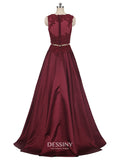 Sheer Neck Two-Piece Satin Lace Appliqued Long Prom Dresses