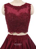 Sheer Neck Two-Piece Satin Lace Appliqued Long Prom Dresses