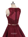 Sheer Neck Two-Piece Satin Lace Appliqued Long Prom Dresses
