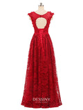 Sheer Neck Lace Appliqued Long Prom Dresses / Evening Gowns with Lace-up Back