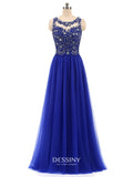 High Neck Tulle Long Prom Dresses with Beads & Lace Appliques