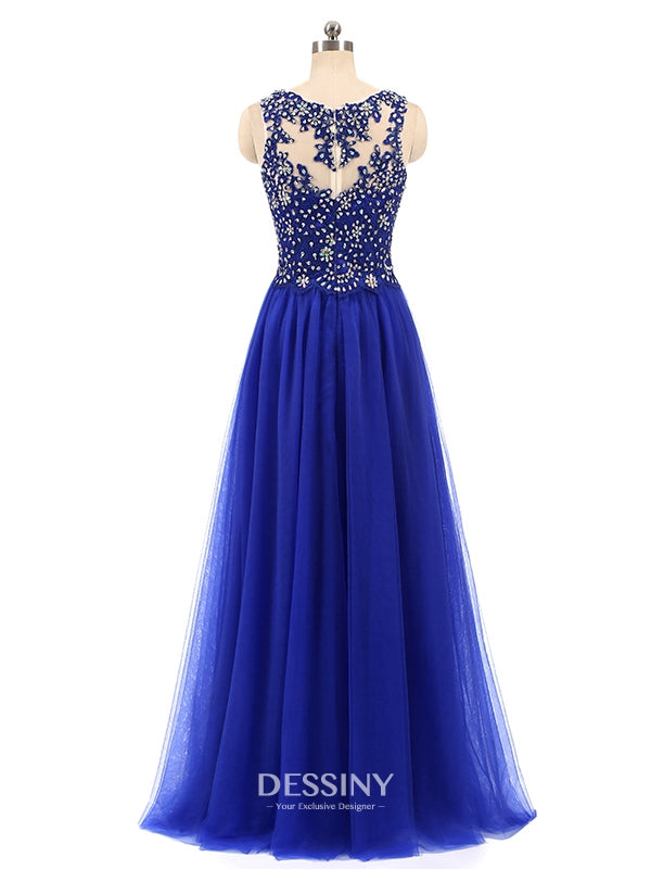 High Neck Tulle Long Prom Dresses with Beads & Lace Appliques