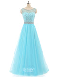 Sheer Neck Tulle Long Prom Dresses Sleeveless with Rhinestones & Beads