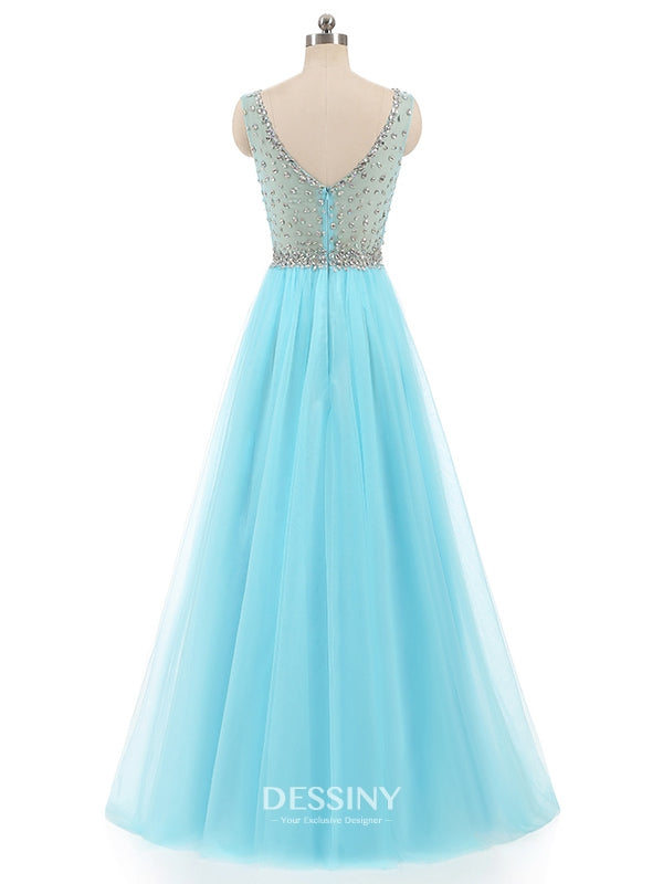 Sheer Neck Tulle Long Prom Dresses Sleeveless with Rhinestones & Beads