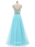 Sheer Neck Tulle Long Prom Dresses Sleeveless with Rhinestones & Beads