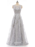 Tulle Sheer Neck Long Evening Dresses for Women Formal with Lace Appliques