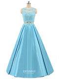 Satin Two-Piece Long Prom Dresses Lace Appliqued with Keyhole Back