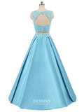Satin Two-Piece Long Prom Dresses Lace Appliqued with Keyhole Back