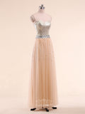 A-Line Strapless Sequined Tulle Long Prom Dresses / Evening Gowns