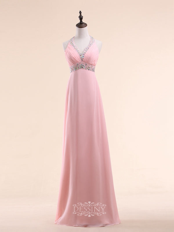 Rhinestones Halter Chiffon Long Prom Dresses
