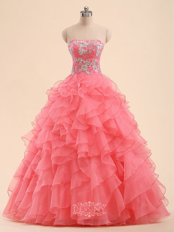 Beading Organza Embroidery Strapless Rufflles Floor-Length Long Ball Gown Prom Dresses