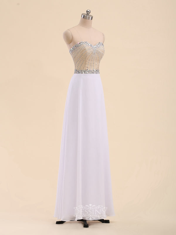 A-Line Sweetheart Rhinestones Chiffon Long Prom Dresses