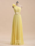 Elegant Chiffon One-Shoulder Pleated Long Bridesmaid Dresses with Handmade Flower