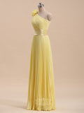 Elegant Chiffon One-Shoulder Pleated Long Bridesmaid Dresses with Handmade Flower
