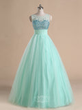 Tulle Sheer Neckline Ball Gown Prom Dresses with Rhinestones