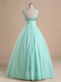 Tulle Sheer Neckline Ball Gown Prom Dresses with Rhinestones