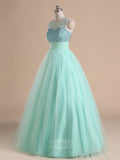 Tulle Sheer Neckline Ball Gown Prom Dresses with Rhinestones