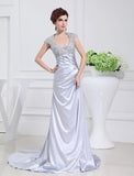 A-Line Scoop Long Beading Lace Elastic Woven Satin Dresses