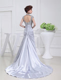 A-Line Scoop Long Beading Lace Elastic Woven Satin Dresses