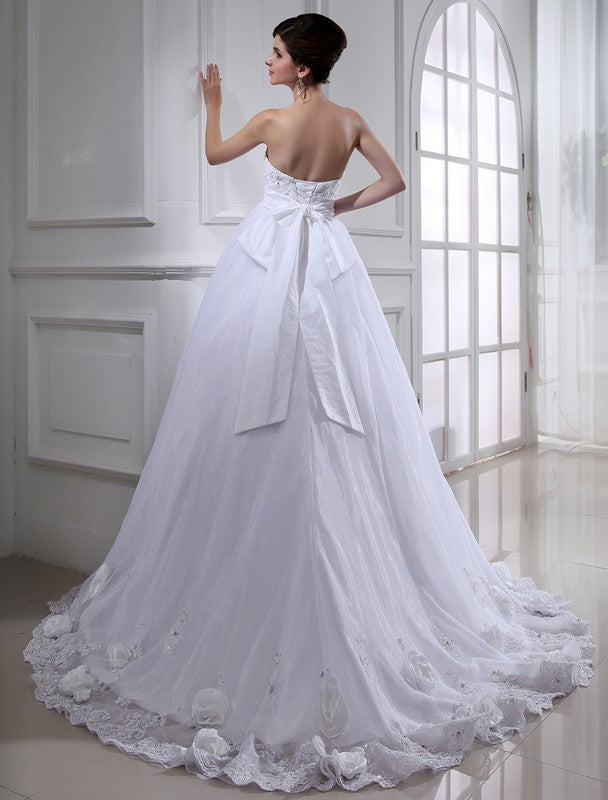 Ball Gown Beading Hand-made Flower Strapless Sleeveless Long Organza Wedding Dresses