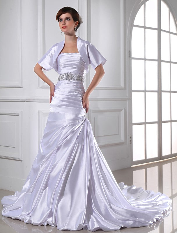 Trumpet/Mermaid Beading Strapless Sleeveless Applique Elastic Woven Satin Wedding Dresses
