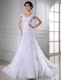 A-Line V-neck Beading Cap Sleeves Long Organza Wedding Dresses
