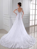 A-Line V-neck Beading Cap Sleeves Long Organza Wedding Dresses