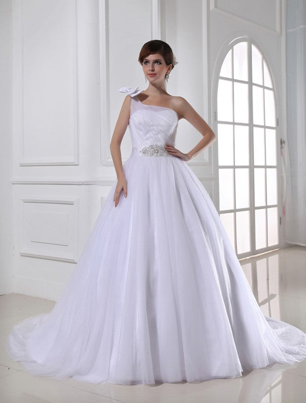 Ball Gown Beading One-shoulder Sleeveless Satin Tulle Wedding Dresses