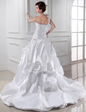 A-Line One-shoulder Sweetheart Sleeveless Long Pleats Elastic Woven Satin Wedding Dresses