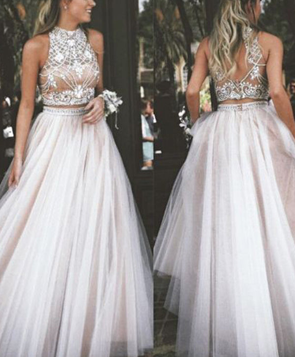 A-Line Sleeveless High Neck Tulle Beading Two-piece Long Prom Dresses